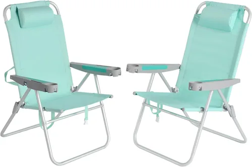 Miniatura 14 de SUNNYFEEL Silla de Playa Plegable Extra Ancha de 28", 5 Posiciones Completamente Reclinable, Silla de Camping Portátil de 17" de Alto con Portavasos