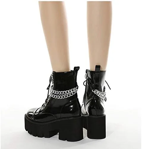 Miniatura 3 de Starella Botines góticos de plataforma para mujer, tacón de bloque, con cordones, botines de motocicleta de combate con cadena