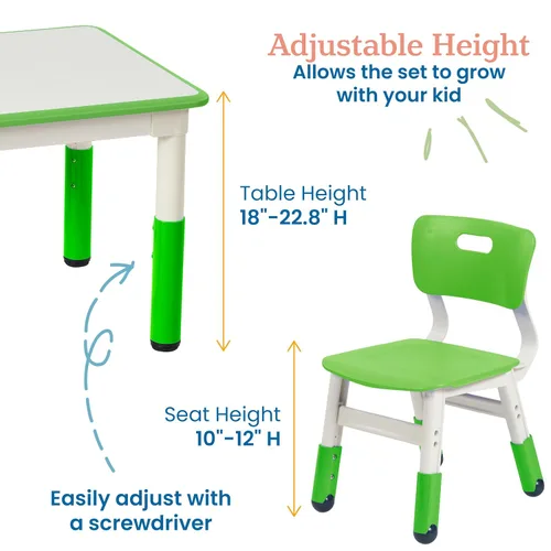 Miniatura 5 de ECR4Kids Mesa de actividades cuadrada de borrado en seco con 2 sillas, ajustable, muebles para niños, verde hierba, 3 piezas Verde (Grassy Green)