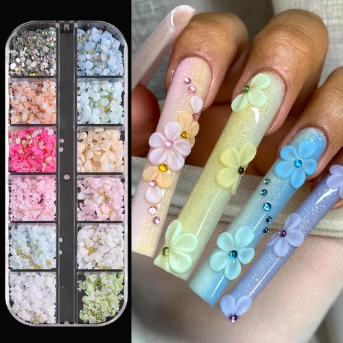Miniatura 12 de Dijes de Uñas 3D Multiformas, Aurora Rosa Camelia Mariposa Flor Acrílica Lazo Transparente Corazón Blanco Perlas de Respaldo Plano Decoración