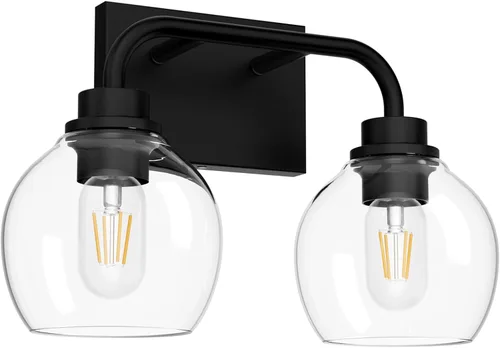 Tipace 2 luces industriales de tocador de baño sobre espejo negro vintage luces de tocador con globo de vidrio transparente apliques de pared de