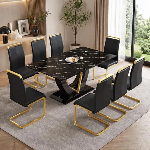 Juego de mesa de comedor de 71 pulgadas para 8, juego de mesa de comedor de mármol sintético negro para 8, juego de mesa de cocina rectangular