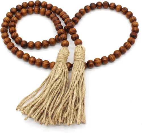 Miniatura 9 de CVHOMEDECO. Guirnalda de cuentas de madera con borlas, diseño rústico de granja, cadena de cuentas de oración para colgar en la pared, acento