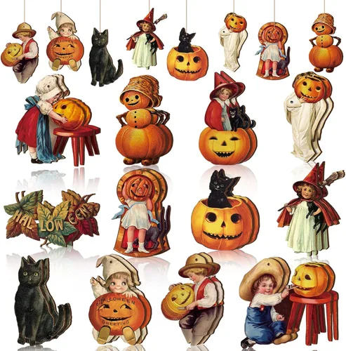 24 Piezas de Adornos de Madera de Halloween para Árbol, Adornos Vintage de Halloween, Letrero Colgante, Bruja Feliz, Gato Negro, Calavera, Adornos