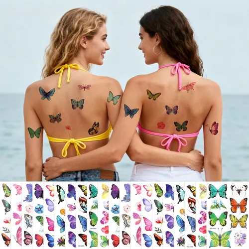 Miniatura 5 de 100 tatuajes temporales de mariposa, coloridas flores de mariposa pequeñas, calcomanías de tatuaje, impermeables, lindos tatuajes pequeños