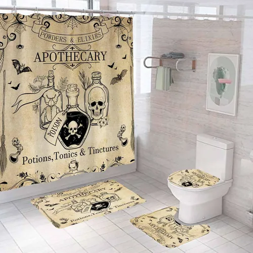 Juego de 4 cortinas de ducha vintage de Halloween con alfombras, cortina de ducha de tela impermeable, cortina de ducha beige, esqueleto gótico,