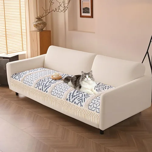 Miniatura 30 de VClife Funda de Sofá Boho de Algodón y Lino con Mechones y Borlas, Funda de Sofá para Perros para Sofá de 2 Cojines, Funda de Sofá Antideslizante