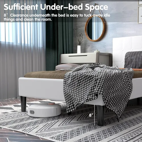 Miniatura 4 de Base de cama individual tapizada con cabecero, base de colchón de soporte de listones de madera maciza, no necesita somier y de fácil montaje, Beige