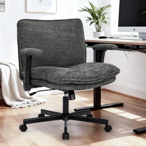 Miniatura 8 de Kassipo Silla de Oficina con Patas Entrecruzadas con Ruedas y Brazos Abatibles, Silla de Escritorio Tapizada con Diseño Entrecruzado, Sillas de Gris