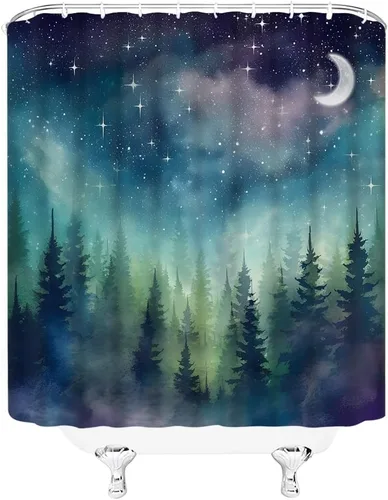 Miniatura 2 de Cortina de ducha con diseño de luna de bosque, acuarela, bosque brumoso, fantasía, cielo estrellado, galaxia, naturaleza, paisaje gótico, abstracto