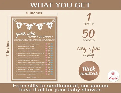 Miniatura 2 de Party Hearty Juego de 50 piezas de Baby Shower para niña o niño, mamá o papá Adivina quién, divertidas tarjetas de actividad, género neutro, ideas