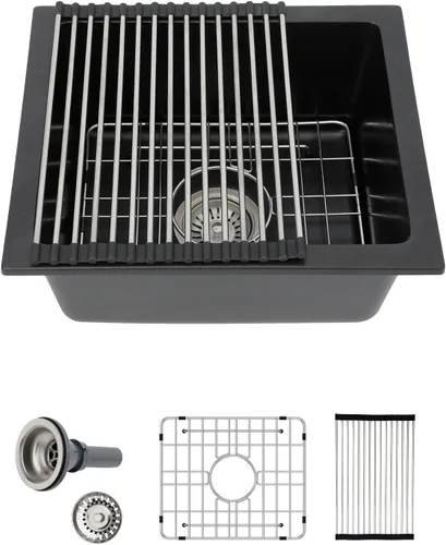 Sarlai Fregadero de cocina negro de 18 x 16 pulgadas, fregadero de granito negro compuesto de cuarzo para montar debajo de la encimera, rectangular,