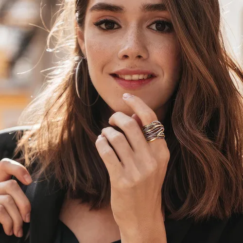 Miniatura 5 de Mytys - Anillos de banda ancha trenzados, anillo de cuerda torcida, anillos de declaración trenzados de dos tonos de metal mixto, joyería de moda