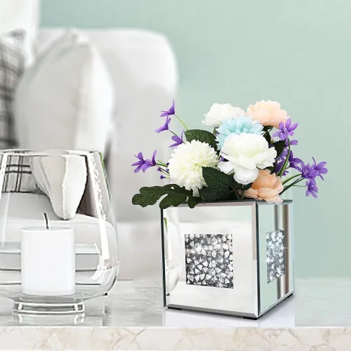 Miniatura 5 de Jarrón Espejado de Diamante Triturado 6x6x6 pulgadas de Cristal Plateado, Jarrón Decorativo Impresionante de Vidrio para Flores, Lujoso