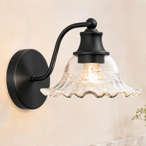 Matte Black Bathroom Wall Sconce Vintage Style, E26 Easy Mounted | Vanity Light with Flower Glass Shade, Bathroom Wall Lighting Fixture Beside