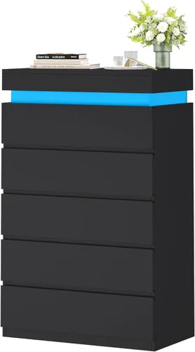 Miniatura 8 de HAUOMS Cómoda alta de 5 cajones con luz LED, cómoda moderna negra para dormitorio, cómodas de armario con cajones para sala de estar, entrada