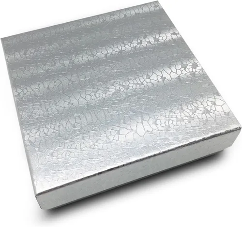 Miniatura 2 de TheDisplayGuys - Paquete de 100 cajas de cartón rellenas de algodón #33 para joyas, papel de aluminio plateado (3.5 x 3.5 x 1.0 pulgadas)