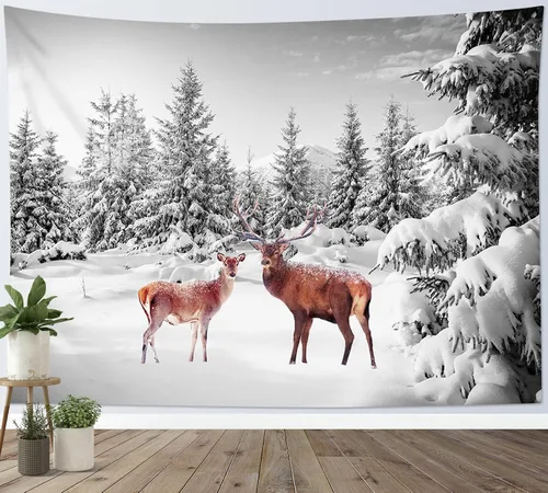 Miniatura 3 de LB Tapiz de bosque nevado para colgar en la pared, lindo ciervo y nieve cubierto de pino, tapiz de pared con cielo gris para dormitorio, tapiz