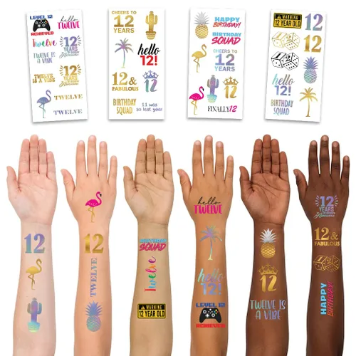 Tatuajes temporales de cumpleaños número 12, 4 hojas, divertidos recuerdos de fiesta de cumpleaños para él o ella, suministros para fiestas de