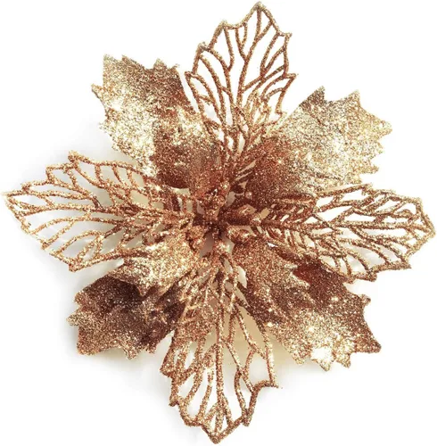 Miniatura 12 de Paquete de 12 flores de Pascua artificiales con purpurina para corona de Navidad, adornos de flores para árbol de Navidad, 6'' (16cm) de diámetro