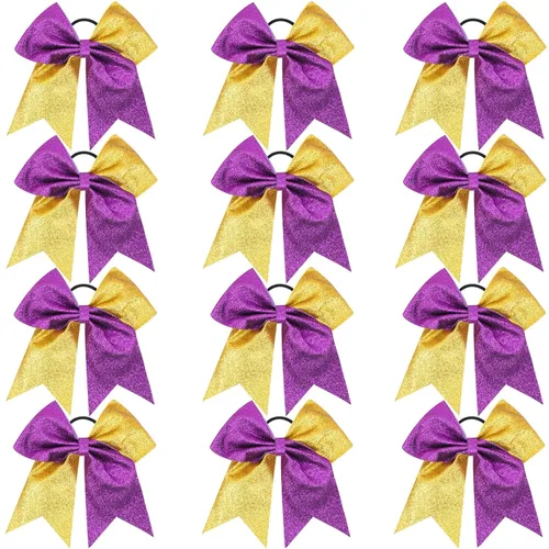 Miniatura 18 de Oaoleer 12 lazos grandes con purpurina para el pelo de 7 pulgadas, banda elástica hecha a mano para animadoras, adolescentes, niñas, deportes Negro