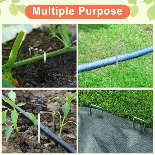 Miniatura 7 de Paquete de 100 grapas de paisaje, estacas de jardín de calibre 11 de 6 pulgadas con tapas de junta, grapas galvanizadas resistentes para paisajes