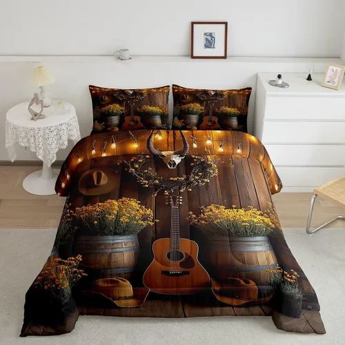 Miniatura 18 de Castle Fairy Juego de edredón de botas de vaquero, tamaño individual, juego de ropa de cama bohemio con guitarra musical para niños y niños