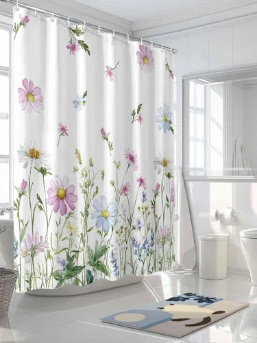 Miniatura 9 de YOKOU Cortina de ducha, flores silvestres con estampado floral de acuarela de primavera, plantas repelentes al agua, tela de poliéster, cortinas