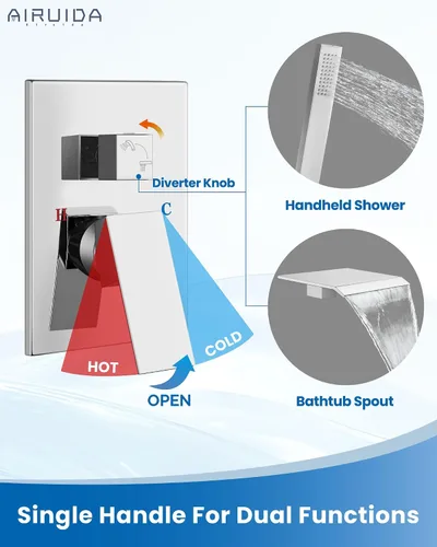 Miniatura 5 de Airuida Grifo de Bañera de Montaje en Pared con Caño de Cascada para Bañera, Grifo de Bañera Montado en la Pared con Ducha de Mano, Mango Único