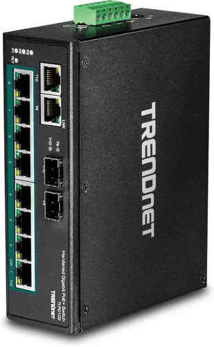 TRENDnet Conmutador industrial Gigabit PoE+ de 10 puertos, 8 puertos Gigabit PoE+, Montaje en carril DIN, 2 ranuras SFP, Presupuesto de alimentación