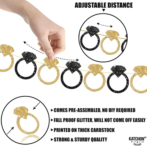 Miniatura 7 de KatchOn Cartel dorado con purpurina de la novia para ser – 10 pies, pre-encordado, sin bricolaje Anillo de diamante negro y dorado con purpurina