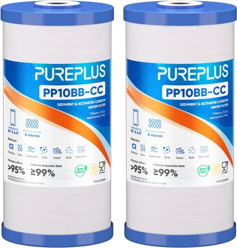 PUREPLUS Cartucho de repuesto de filtro de agua de carbono y sedimentos para toda la casa de 5 micrones de 10 x 4.5 pulgadas para GE FXHTC, GXWH40L,