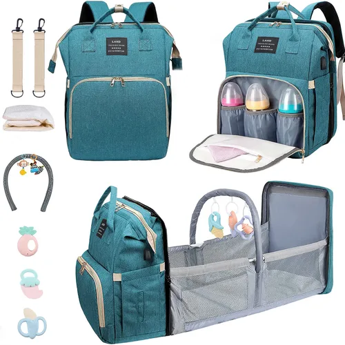 Miniatura 15 de Bolsa de pañales con cambiador, mochila para pañales, bolsa de pañales de viaje 7 en 1, bolsa para mamá con puerto de carga USB (rosa-gris)