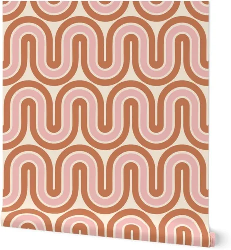 Papel tapiz para despegar y pegar, diseño retro de mediados de siglo, líneas rosadas y marrones, decoración del hogar, olas, papel tapiz extraíble