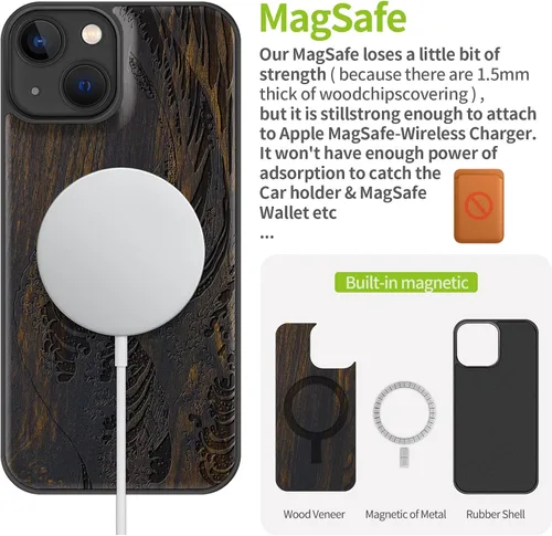 Miniatura 4 de Carveit Funda magnética de madera para iPhone 13 [madera natural y TPU suave] Funda protectora de madera única y elegante a prueba de golpes
