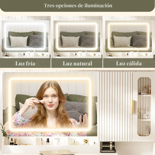 Miniatura 4 de Moderno escritorio de maquillaje de 45 pulgadas con espejo y luces, tocador de maquillaje con 5 estantes y 2 cajones y gabinete, mesa de tocador