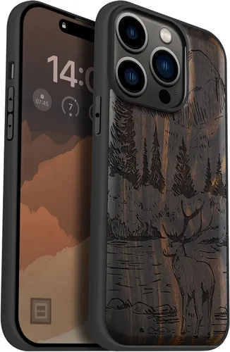 Miniatura 14 de Carveit Funda magnética de madera para iPhone 14 Pro, madera natural y TPU suave negro, funda protectora a prueba de golpes, funda de madera única