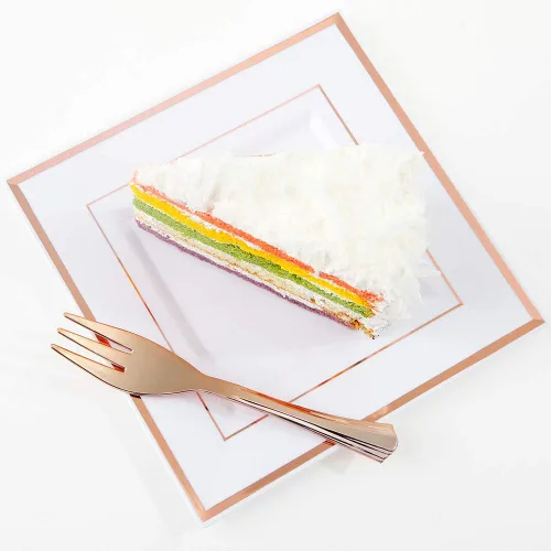 Miniatura 3 de WDF 86 platos de postre de oro rosa de 6 pulgadas con 86 tenedores desechables de 5 pulgadas, elegantes platos de plástico cuadrados para el día