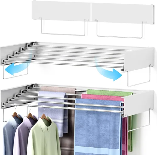 Estante de Secado Montado en la Pared, Estante de Secado de Ropa para Lavandería Plegable, Perchero Plegable para Ropa con Montaje en Pared con 2
