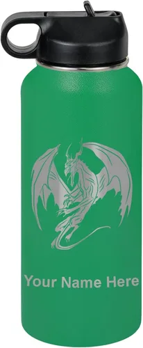 Miniatura 30 de LaserGram Botella de agua con tapa abatible de doble pared de 12 onzas con pajilla, dragón, grabado personalizado incluido (negro)