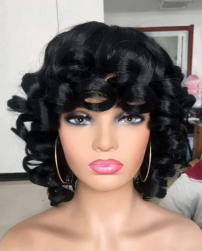 Miniatura 8 de Pelucas cortas y rizadas para mujeres negras, peluca rizada afro con flequillo, rizos sueltos, lindos rizos, pelo sintético para mujeres Negro