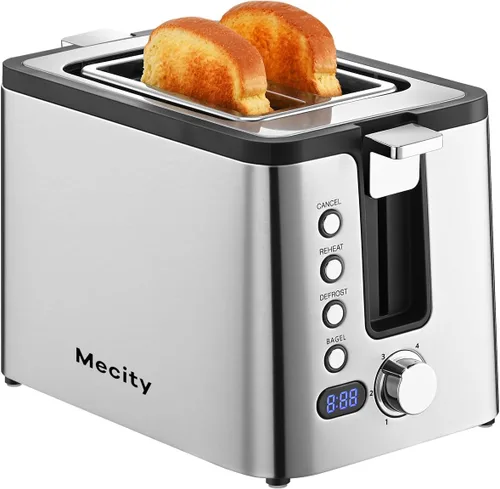 Miniatura 9 de Mecity Tostadora de 4 rebanadas, tostadora de ranura larga con estante de calentamiento, temporizador, bagel, descongelación, funciones