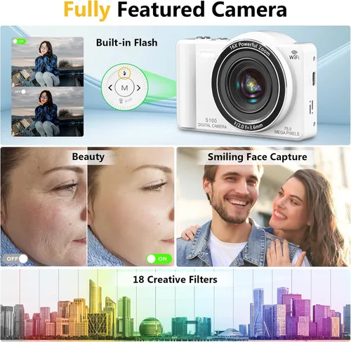 Miniatura 6 de Cámara digital para fotografía – WiFi 4K 75MP Vlogging Cámaras para YouTube, pantalla táctil enfoque automático apuntar y disparar cámara digital