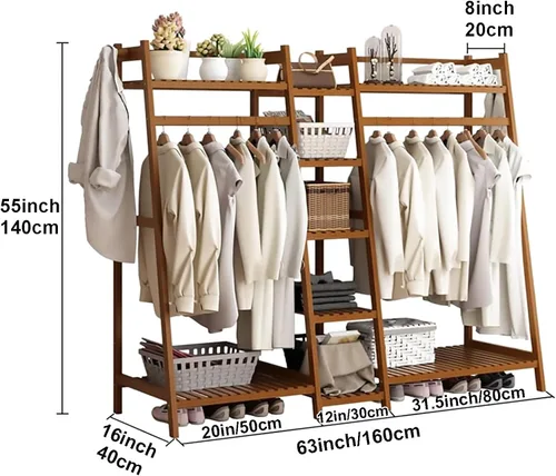 Miniatura 2 de Perchero de bambú para ropa, estante de almacenamiento, perchero para colgar ropa, organizador de armario con zapatero, armario portátil