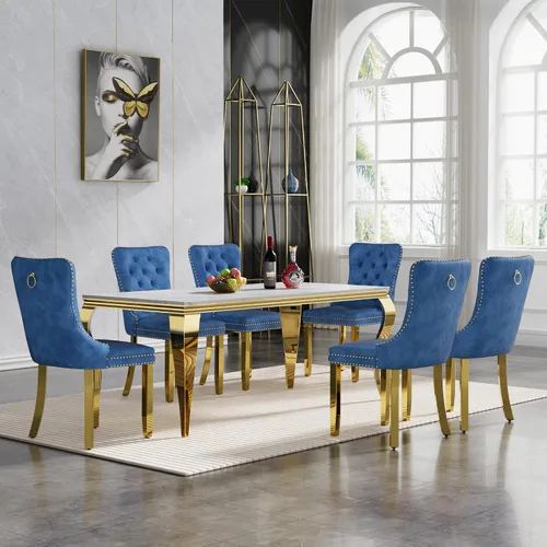 Miniatura 20 de Juego de mesa de comedor de 7 piezas con sillas, mesa de comedor de mármol sintético y sillas beige para 6, juego de mesa de comedor de oro blanco