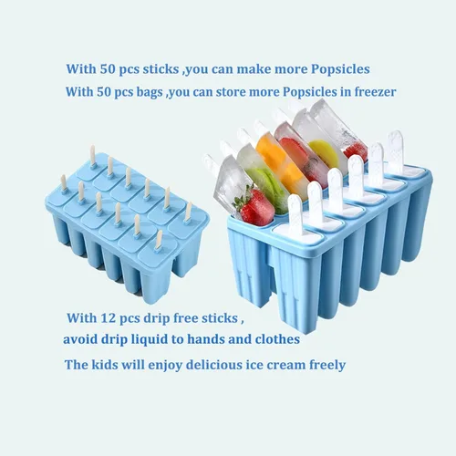 Miniatura 6 de Moldes de silicona para paletas con palitos de 12 cavidades, molde para helado con cepillo limpio, 12 varillas reutilizables, 50 varillas, 50 Azul