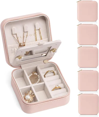 Vlando Joyero de viaje, estuche organizador de viaje pequeño para niñas y mujeres, espejo rosa, paquete de 6 unidades