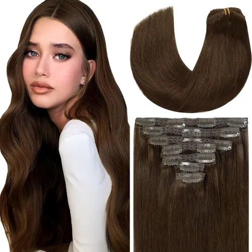 Miniatura 88 de Loxxy Extensiones de cabello humano con clip, sin costuras, 22 pulgadas, color marrón oscuro a castaño oscuro y marrón oscuro, 7 piezas