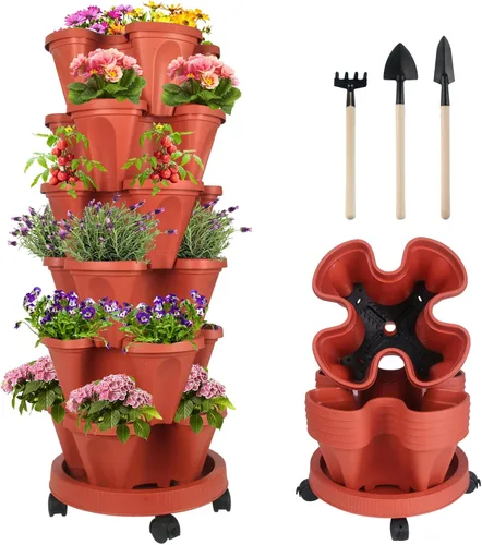 Miniatura 12 de Macetas apilables de polipropileno DUNCHATY, de 5 niveles, verde pino, para interior/exterior, 29" de altura x 13.6" de diámetro 2-1 Paquete