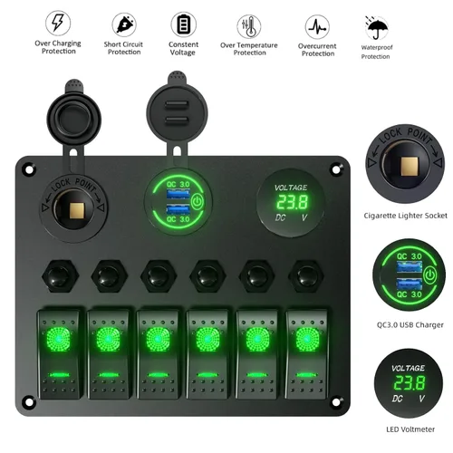 Miniatura 4 de Panel de interruptor basculante de barco marino impermeable de 6 bandas, protector de sobrecarga, 12-24 V, 36 W, cargador USB dual QC3.0